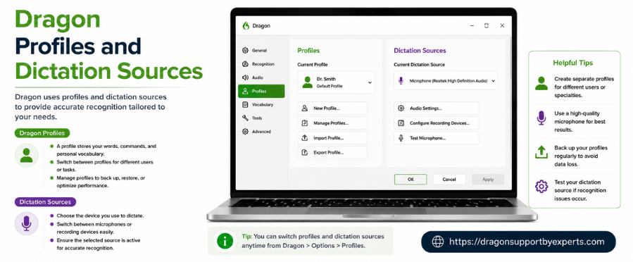 How to Manage Profiles and Dictation Sources in Dragon?
